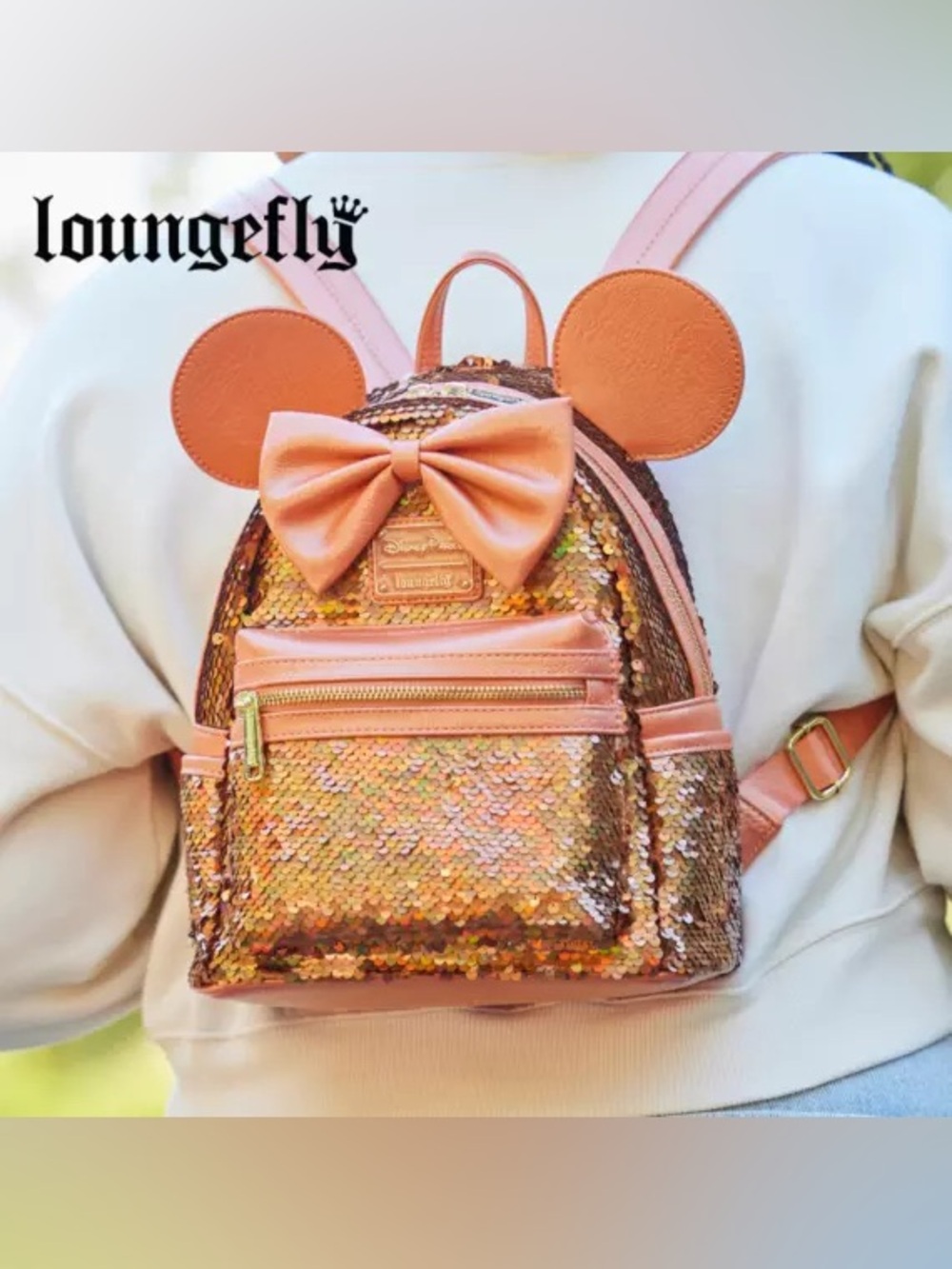 New with tag Loungefly Disney Minnie Mouse Peach Punch sequined mini backpack